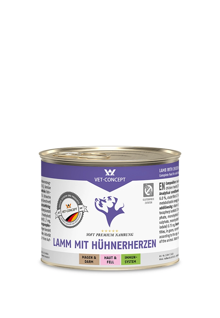 Hundemenue Lamm mit Huehnerherzen